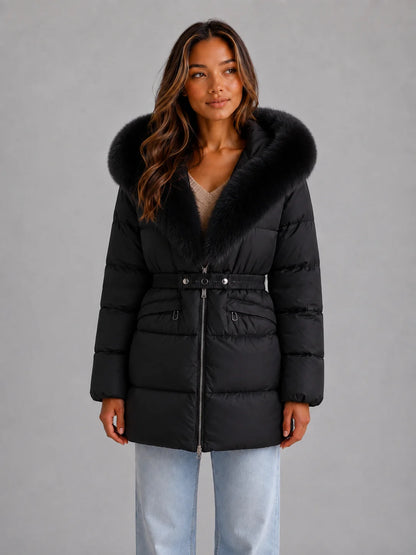 Rayna | Women's Puffer Jacket Hooded Faux Fur Trim Belted Padded Insulated Warm Quilted Casual Everyday Winter Outerwear Cosy