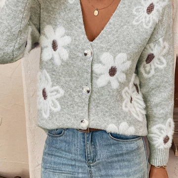 Marina | Women's Cardigan Floral V-Neck Button Front Knit Soft Feminine Cosy Warm Relaxed Layering Chic Casual Everyday Autumn