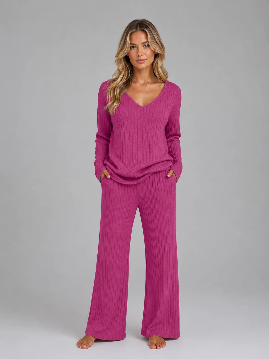 Rosemary | Women's Lounge Set Ribbed Knit V-Neck Jumper Wide-Leg Trousers Two-Piece Soft Cosy Warm Coordinated Comfort Loungewear