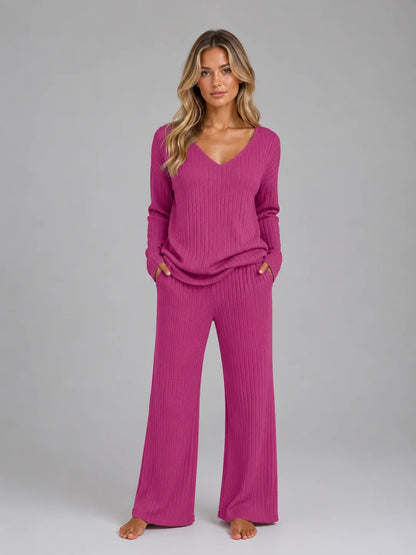 Rosemary | Women's Lounge Set Ribbed Knit V-Neck Jumper Wide-Leg Trousers Two-Piece Soft Cosy Warm Coordinated Comfort Loungewear