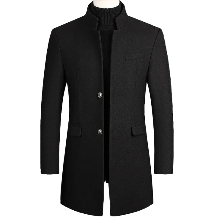 Men's Stand Collar Single Breasted Long Coat Black