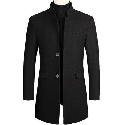 Men's Stand Collar Single Breasted Long Coat Black