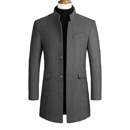 Men's Stand Collar Single Breasted Long Coat Black