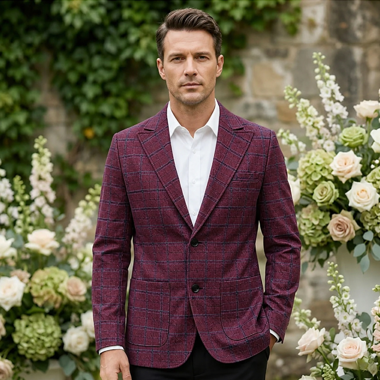 Men's Checked Double Breasted Plaid Blazer Wedding Guest
