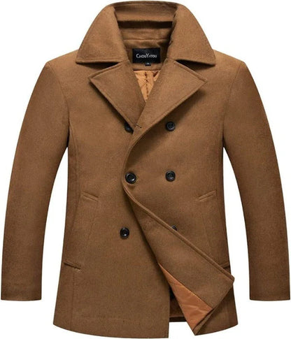 Men’s Double-Breasted Wool-Blend Coat with Notched Lapel