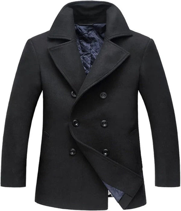 Men’s Double-Breasted Wool-Blend Coat with Notched Lapel