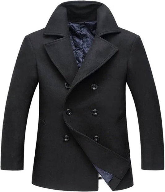 Men’s Double-Breasted Wool-Blend Coat with Notched Lapel