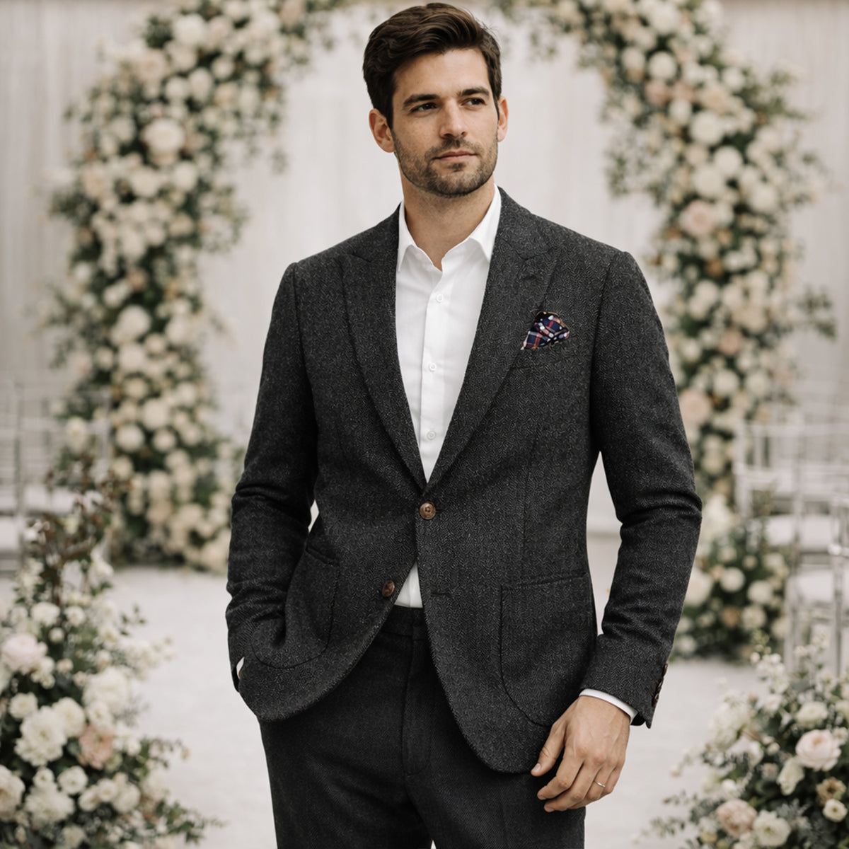 Men's Herringbone Single Breasted Tweed Blazer Wedding Guest