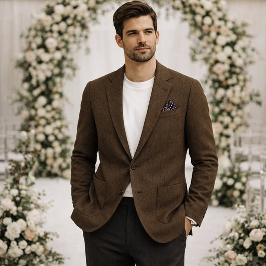 Men's Herringbone Single Breasted Tweed Blazer Wedding Guest