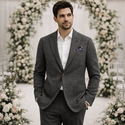 Men's Herringbone Single Breasted Tweed Blazer Wedding Guest