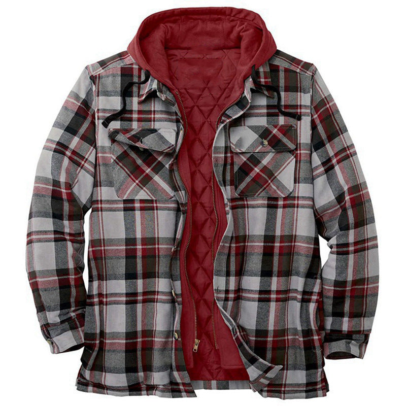 Men’s Hooded Plaid Jacket with Quilted Lining and Button Closure