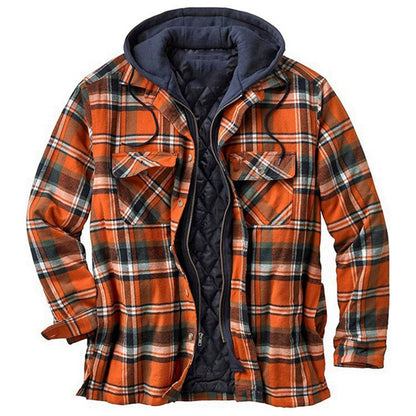 Men’s Hooded Plaid Jacket with Quilted Lining and Button Closure
