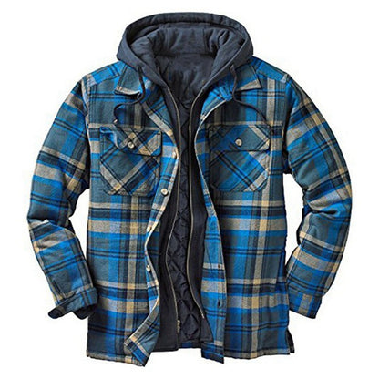 Men’s Hooded Plaid Jacket with Quilted Lining and Button Closure
