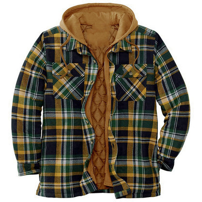 Men’s Hooded Plaid Jacket with Quilted Lining and Button Closure