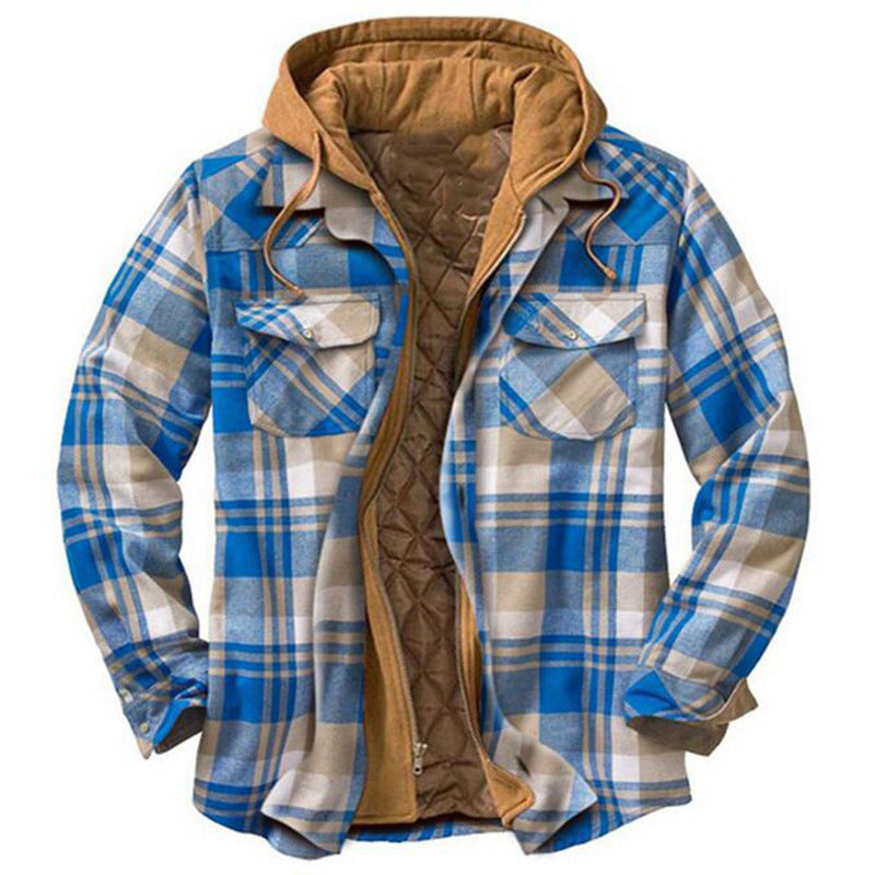 Men’s Hooded Plaid Jacket with Quilted Lining and Button Closure