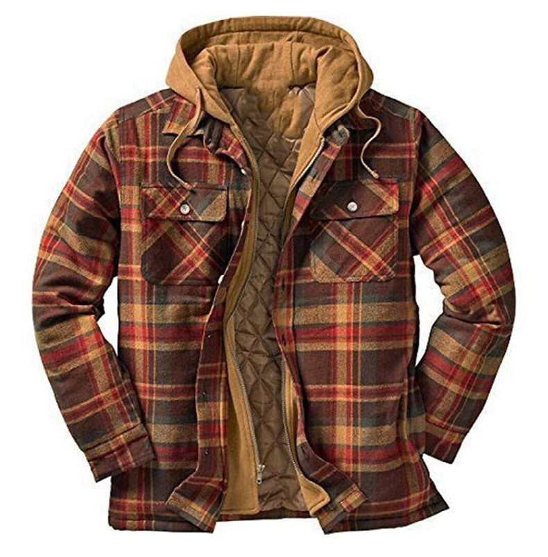 Men’s Hooded Plaid Jacket with Quilted Lining and Button Closure