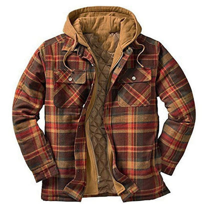 Men’s Hooded Plaid Jacket with Quilted Lining and Button Closure