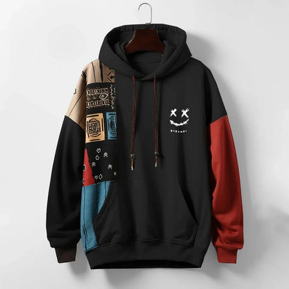 Men’s Hoodie with Patchwork Design and Front Pocket