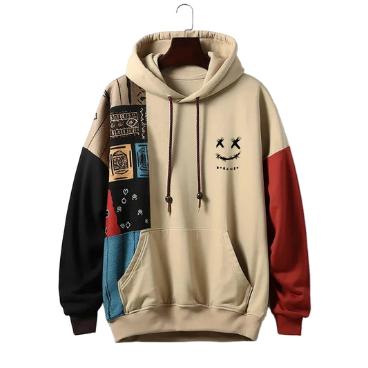 Men’s Hoodie with Patchwork Design and Front Pocket