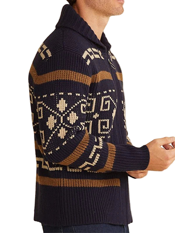 Men’s Lapel Jacquard Knitted Casual Cardigan Jacket