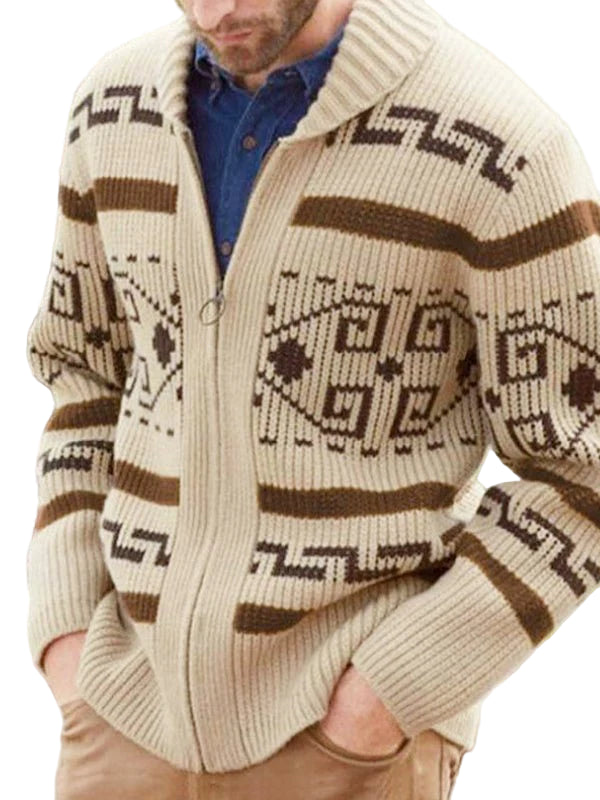Men’s Lapel Jacquard Knitted Casual Cardigan Jacket