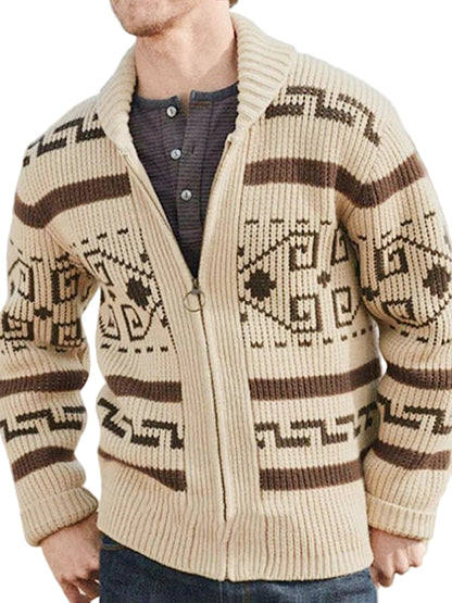 Men’s Lapel Jacquard Knitted Casual Cardigan Jacket