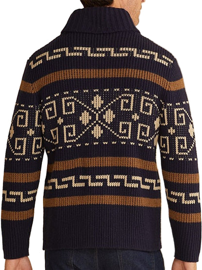 Men’s Lapel Jacquard Knitted Casual Cardigan Jacket