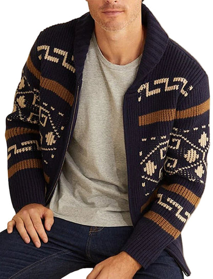 Men’s Lapel Jacquard Knitted Casual Cardigan Jacket