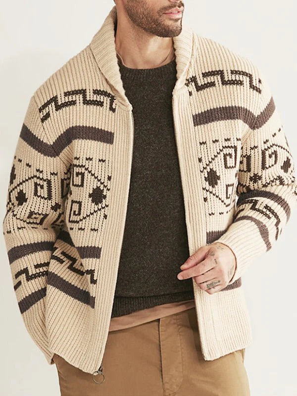 Men’s Lapel Jacquard Knitted Casual Cardigan Jacket