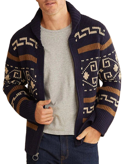 Men’s Lapel Jacquard Knitted Casual Cardigan Jacket