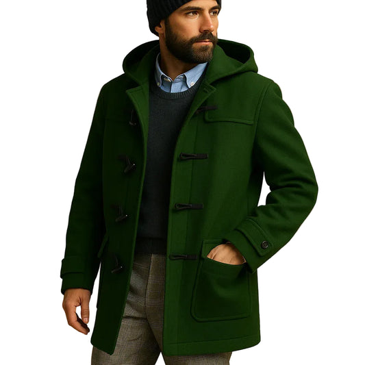 Men’s Long Coat with Hood and Toggle Closures