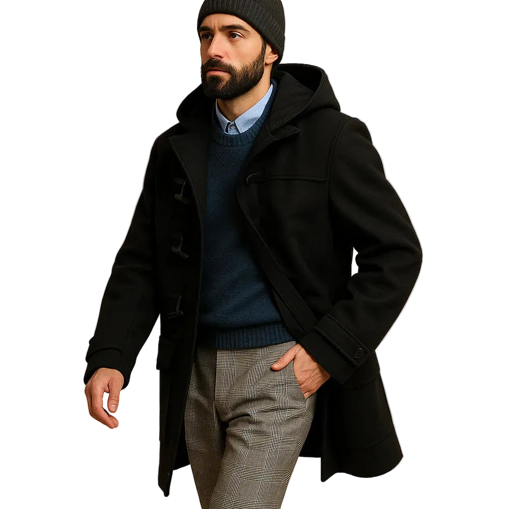 Men’s Long Coat with Hood and Toggle Closures