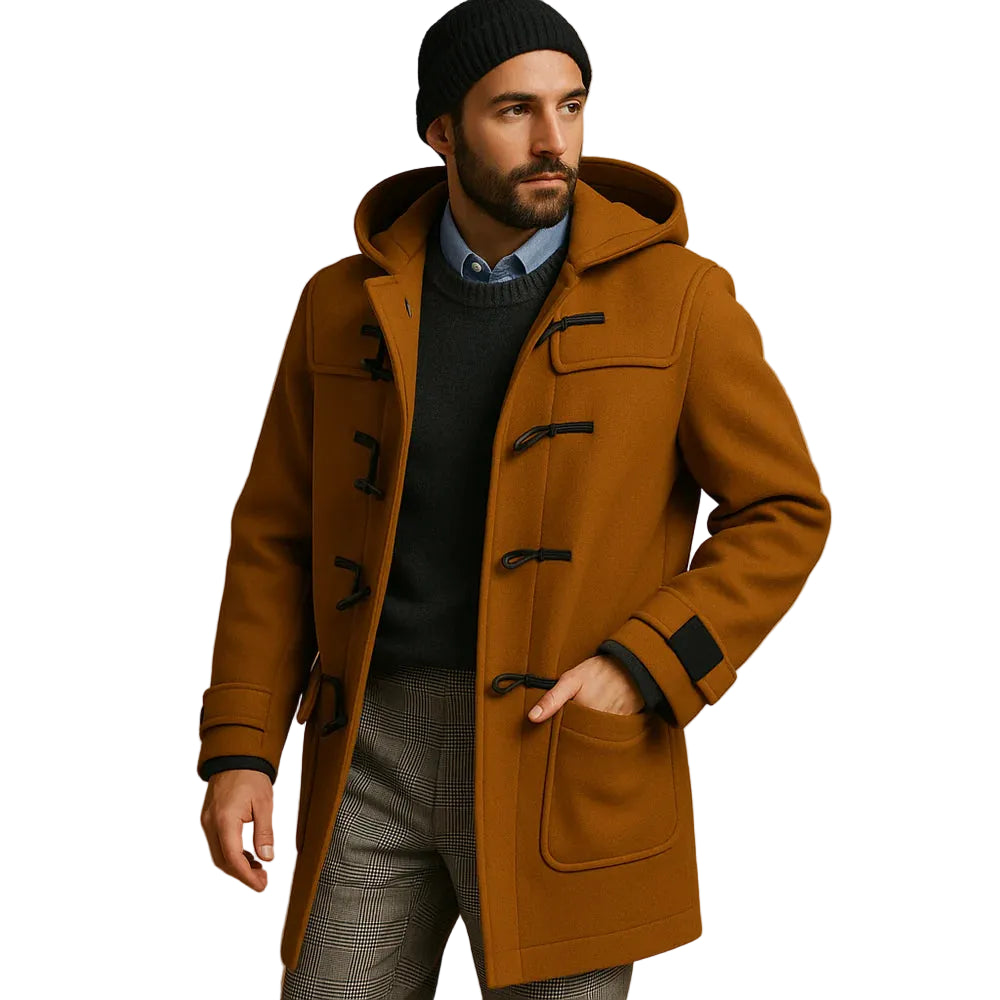 Men’s Long Coat with Hood and Toggle Closures