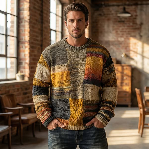 Men’s Patchwork Knit Crew Neck Sweater