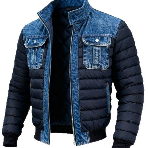 Men’s Quilted Denim Puffer Jacket with Stand Collar