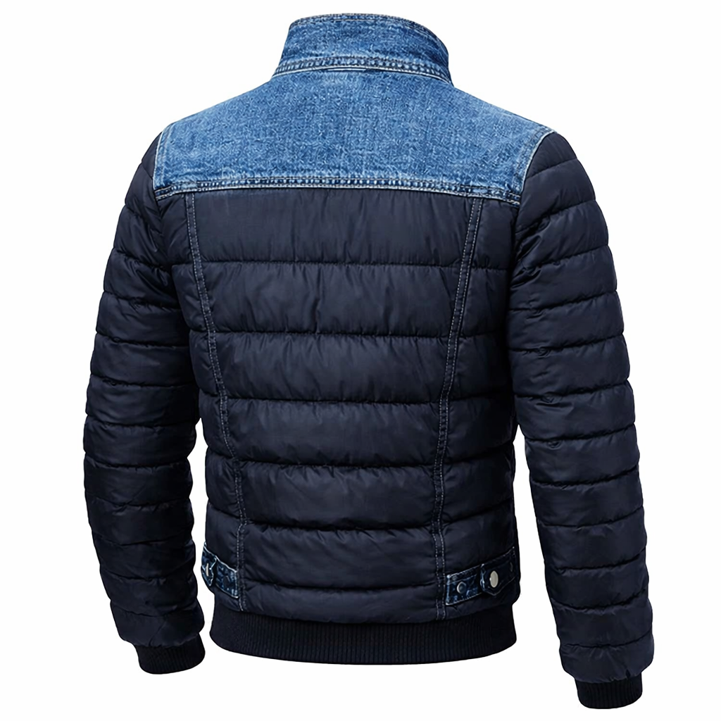 Men’s Quilted Denim Puffer Jacket with Stand Collar