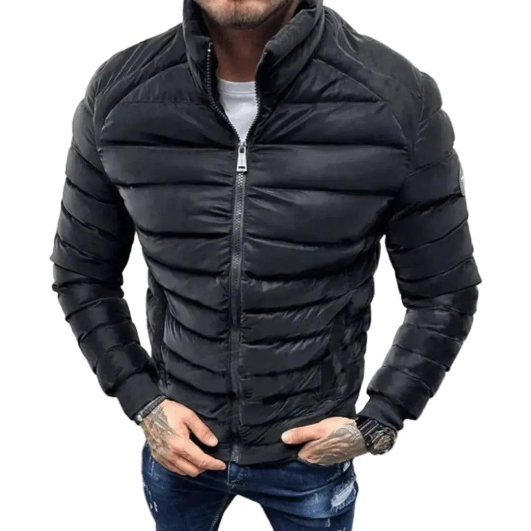 Men’s Quilted Jacket with Zip Closure and Stand Collar