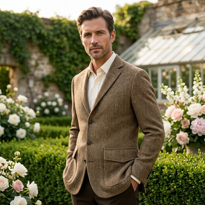 Men's Single Breasted Herringbone Tweed Blazer Wedding Guest