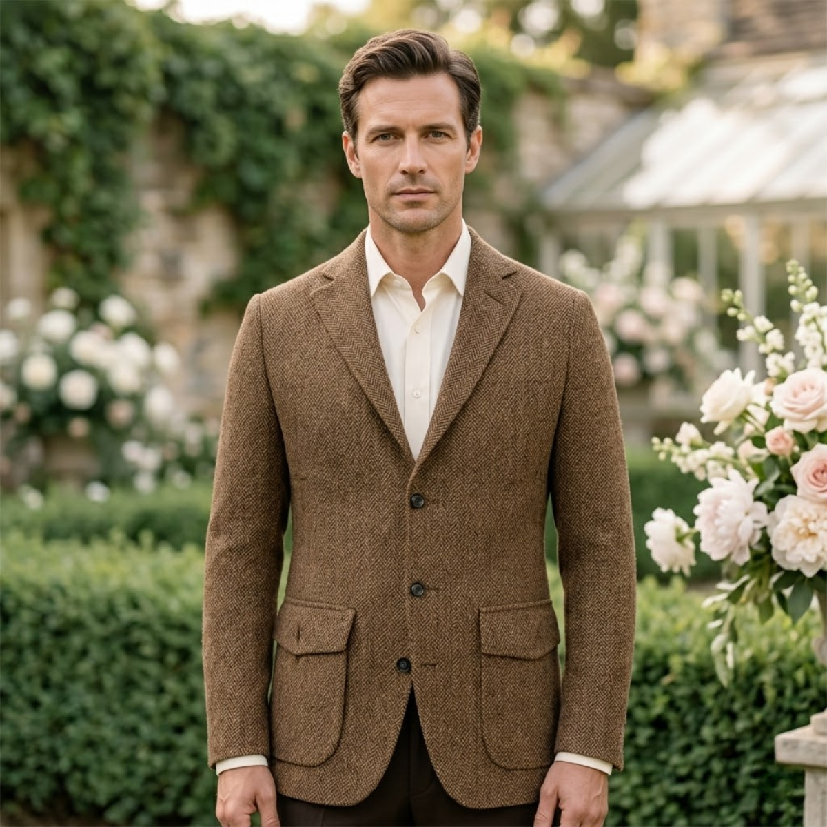 Men's Single Breasted Herringbone Tweed Blazer Wedding Guest