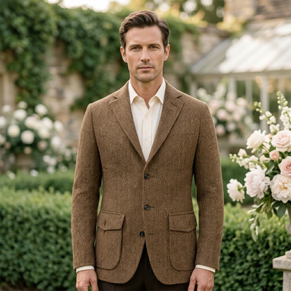 Men's Single Breasted Herringbone Tweed Blazer Wedding Guest