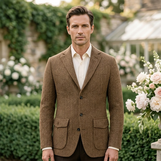 Men's Single Breasted Herringbone Tweed Blazer Wedding Guest
