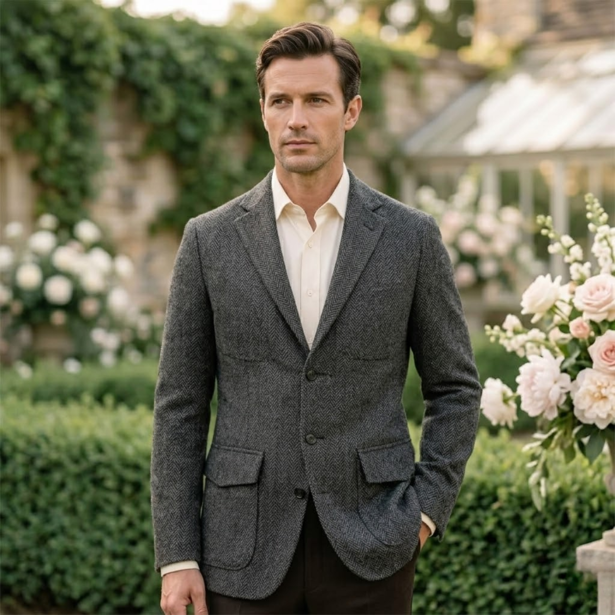 Men's Single Breasted Herringbone Tweed Blazer Wedding Guest