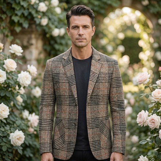 Men's Slim Fit Check Plaid Tweed Blazer Wedding Guest