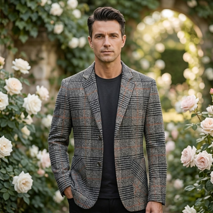 Men's Slim Fit Check Plaid Tweed Blazer Wedding Guest