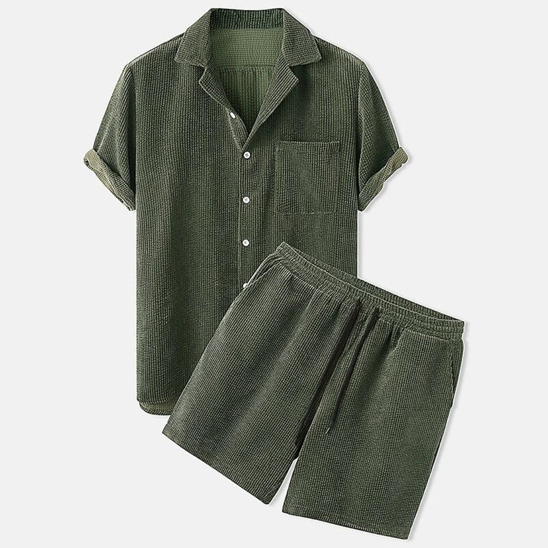 Men's Textured Short-Sleeve Shirt and Drawstring Shorts Set