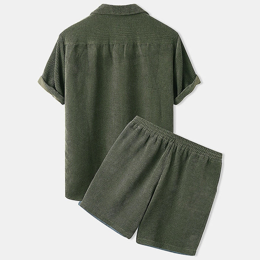 Men's Textured Short-Sleeve Shirt and Drawstring Shorts Set