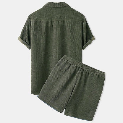 Men's Textured Short-Sleeve Shirt and Drawstring Shorts Set