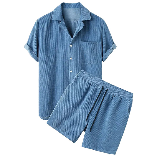 Men's Textured Short-Sleeve Shirt and Drawstring Shorts Set