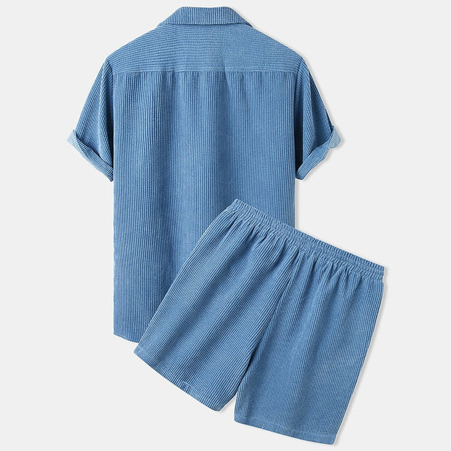 Men's Textured Short-Sleeve Shirt and Drawstring Shorts Set