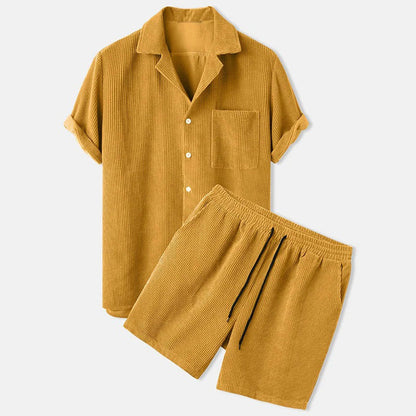 Men's Textured Short-Sleeve Shirt and Drawstring Shorts Set